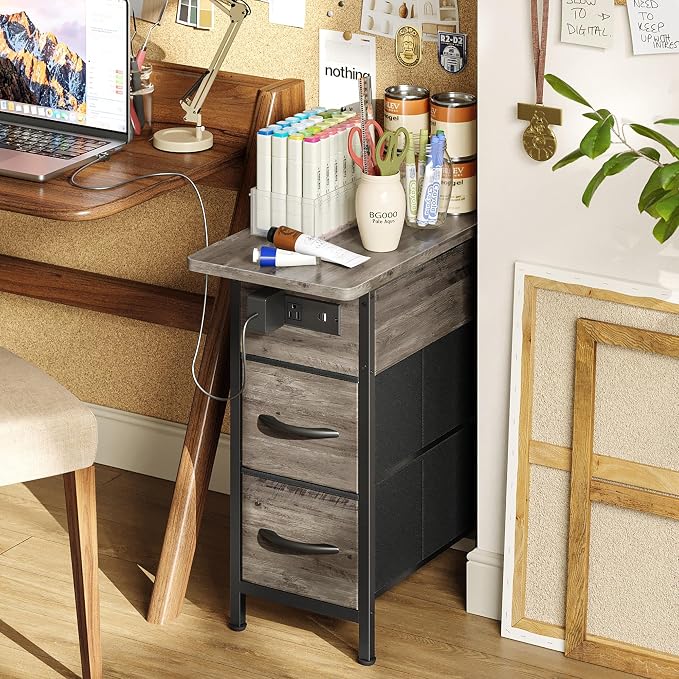 Huuger Narrow End Table with Charging Station, Side Table with 2 Drawers | Slim - Image 8