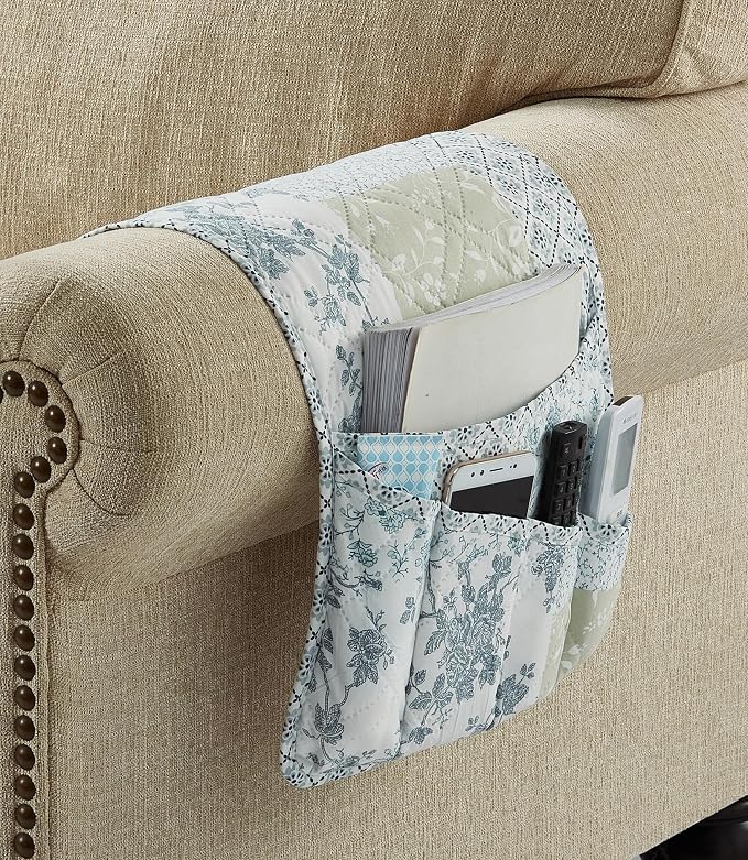 Brilliant Sunshine Blue & Beige Floral Couch Armrest Cover, Armrest Organizer & - Image 3