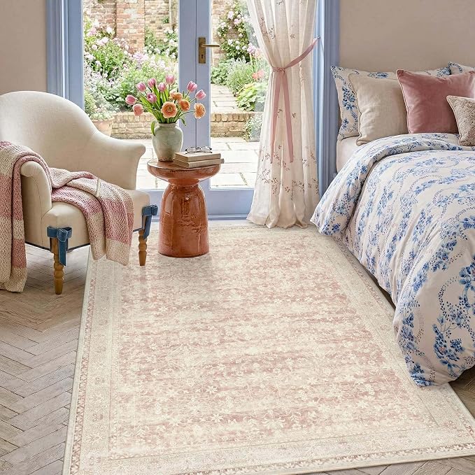 Latte&Fog Pink Rugs for Girls Bedroom, Vintage Washable 4x6 Area Rug | for - Image 5