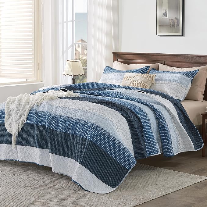 Queen Quilt Set Navy Blue, 3 Pieces Striped Bedspread | Ultra Soft Summer - Image 3