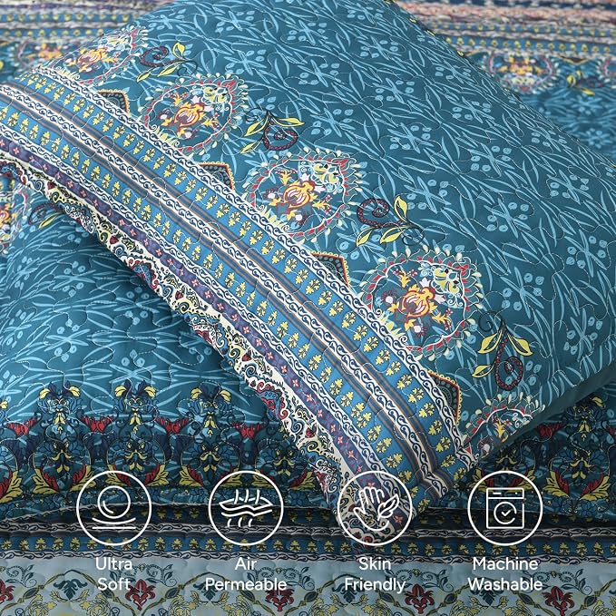 Brown Green King Size Quilt Set, 3 Pieces Boho Striped Bedspread | Soft - Image 4