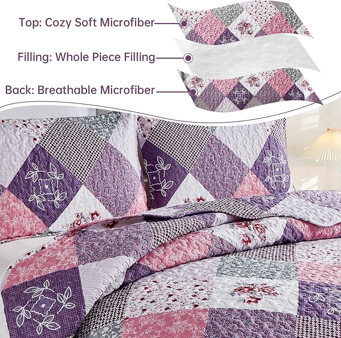 Dinjoy Purple Quilt Set Twin Size, Reversible Patchwork Floral Bedspreads | - Image 3