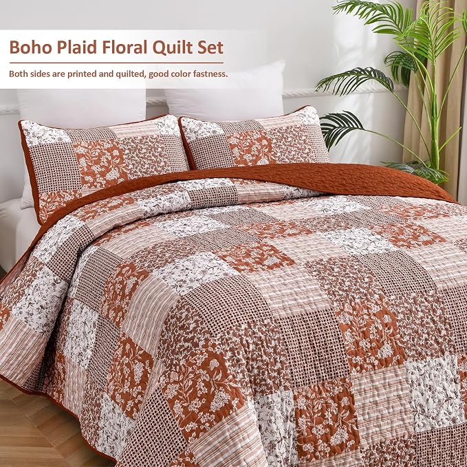 Mybedsoul Burnt Orange Quilt Set Queen Size, 3 Pieces Boho Plaid Terracotta - Image 2
