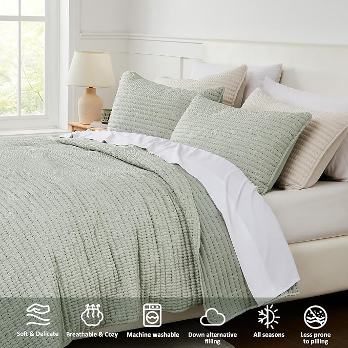 WDCOZY Sage Green Pick Stitch King Size Quilt Set, Striped Lightweight Soft - Image 3