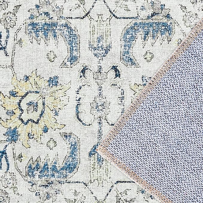 jinchan Kalen Runner Rug 2x6 Washable Hallway Rug Vintage Indoor Thin Retro Floor Cover Distressed Floral Country Lightweight Non Slip Carpet for Entryway Bathroom Kitchen Bedroom Living Room Blue