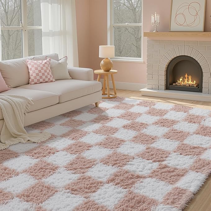 Pink Area Rug 5x7 for Bedroom Soft Fluffy Checkered Shag Carpet | Machine - Image 4