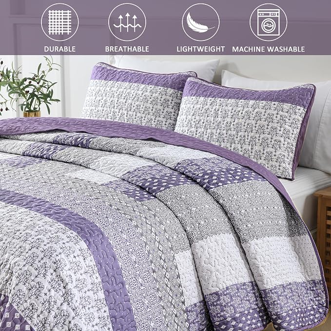 WONGS BEDDING Purple Queen Quilt Bedding Set, Bohemian Stripe Bedspread | - Image 6