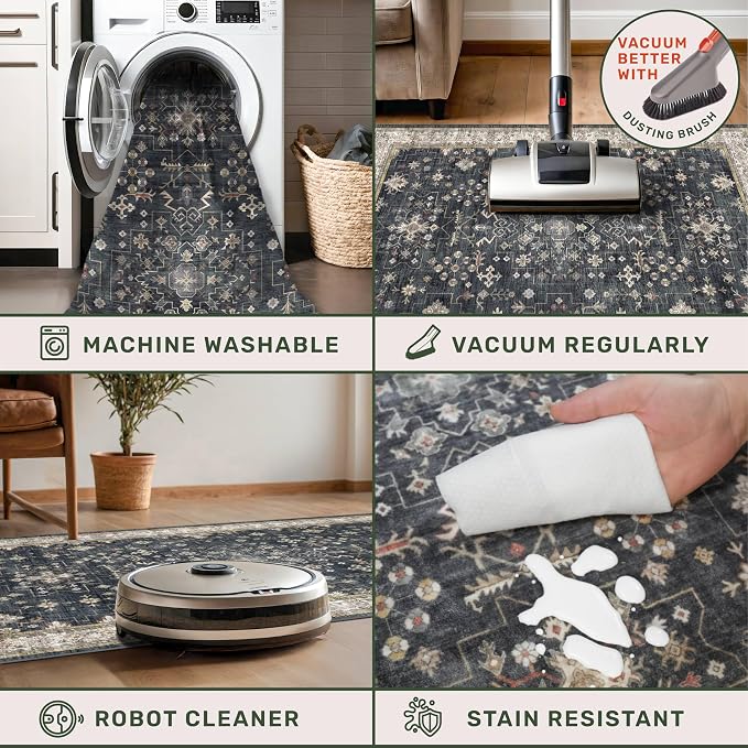 Black Boho Washable 3x10 Extra Long Hallway Runner Rug, Waterproof Large - Image 4