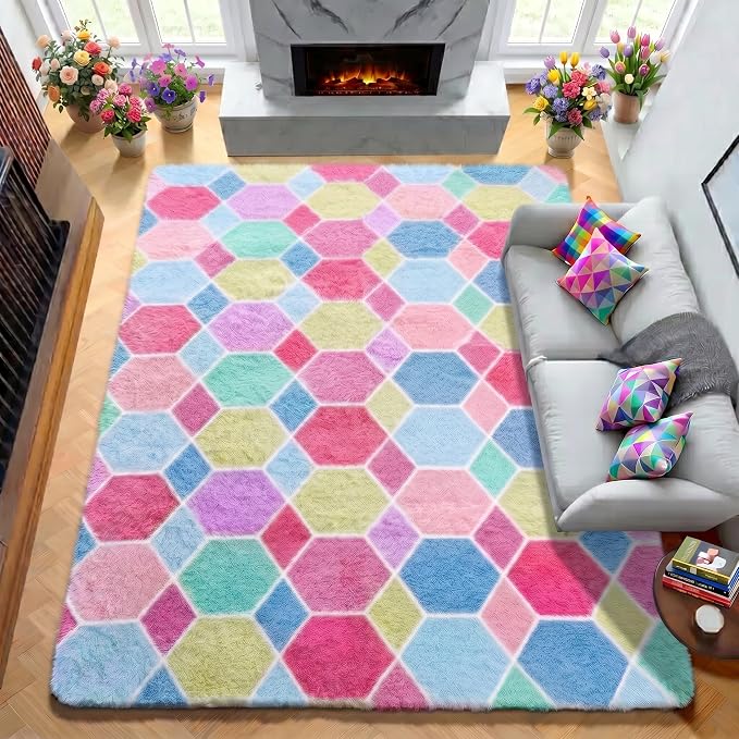 Checkered Pink Rainbow Area Rugs - Image 4