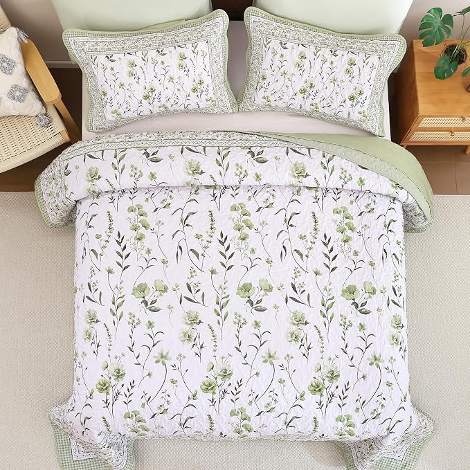 WONGS BEDDING Floral Quilt Set King, Sage Green Bedspread Coverlet Set 3 Pcs | - Image 3