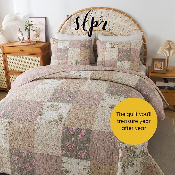 SLPR - Secret Garden Pink Patchwork Cotton Quilt Set, Queen - Image 7