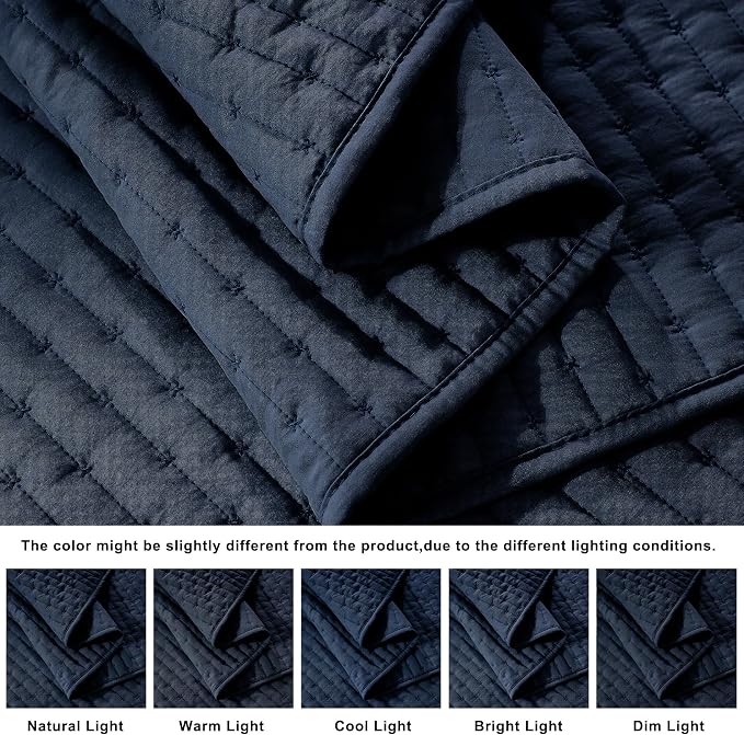 WDCOZY Navy Blue Cross Stitch King Size Quilt Set, Striped Lightweight Soft - Image 5