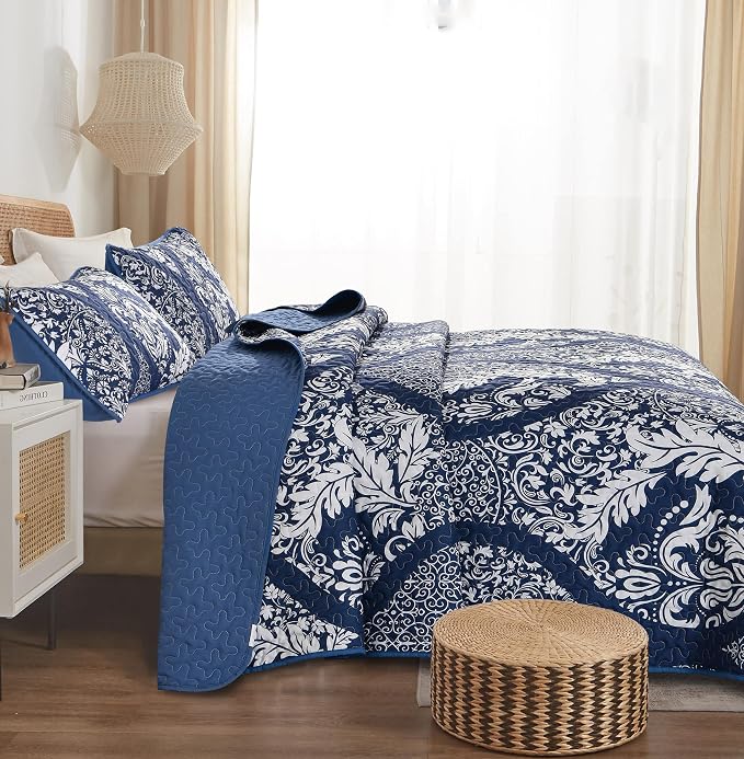 DJY Damask Quilt Set King Size, Boho Lightweight Bedding Set 3 Pcs, Soft - Image 3