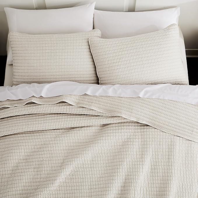 Beige Pick Stitch Oversized King Size Quilt Set, California King Striped by WDCOZY
