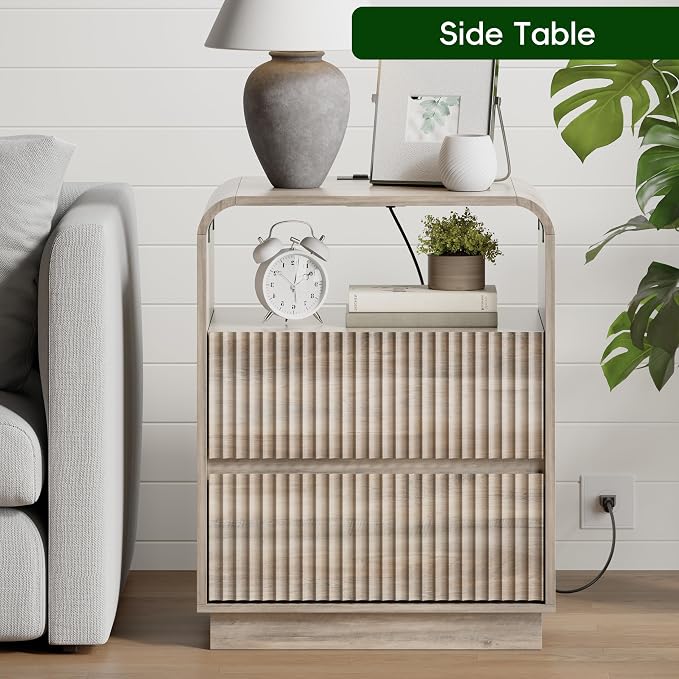 Grey Nightstand with Charging Station, Mid Century Modern Bedside Table & End - Image 5