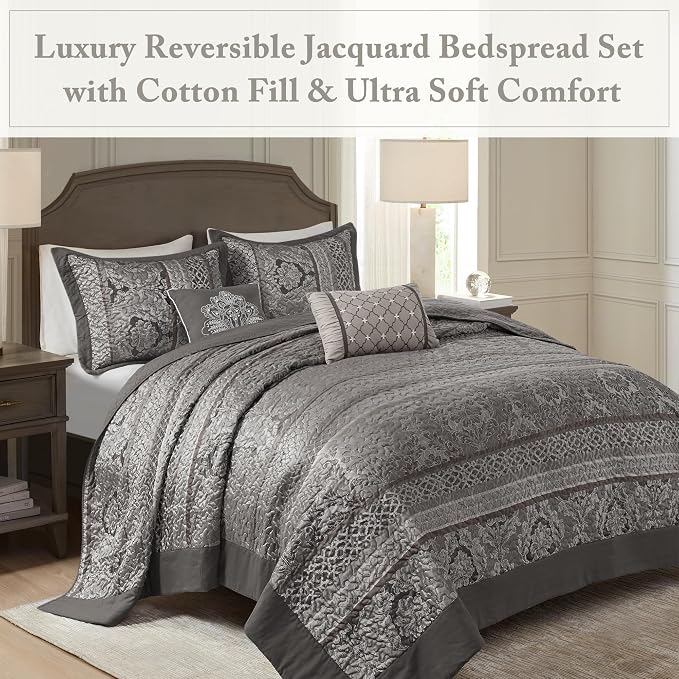 Madison Park King Quilt Bedding Set, Traditional Jacquard Damask, Lightweight & - Image 2