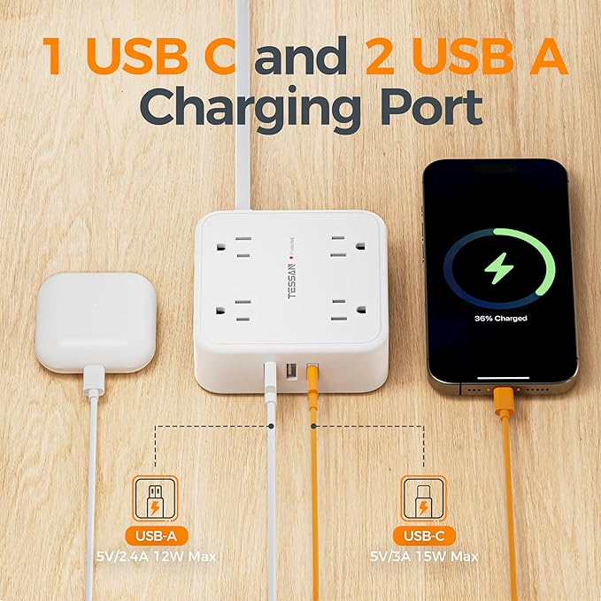 TESSAN 10 Ft Flat Plug Extension Cord with Multiple Outlets, Surge Protector Power Strip with 3 USB(1 USB C) 8 Outlets, 900J Protection, Desk Charging Station for Home, Dorm Room Essentials, White