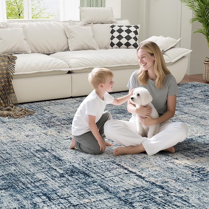 9x12 Washable Area Rug for Living Room Bedroom: Non-Slip Modern Blue Gold | - Image 6