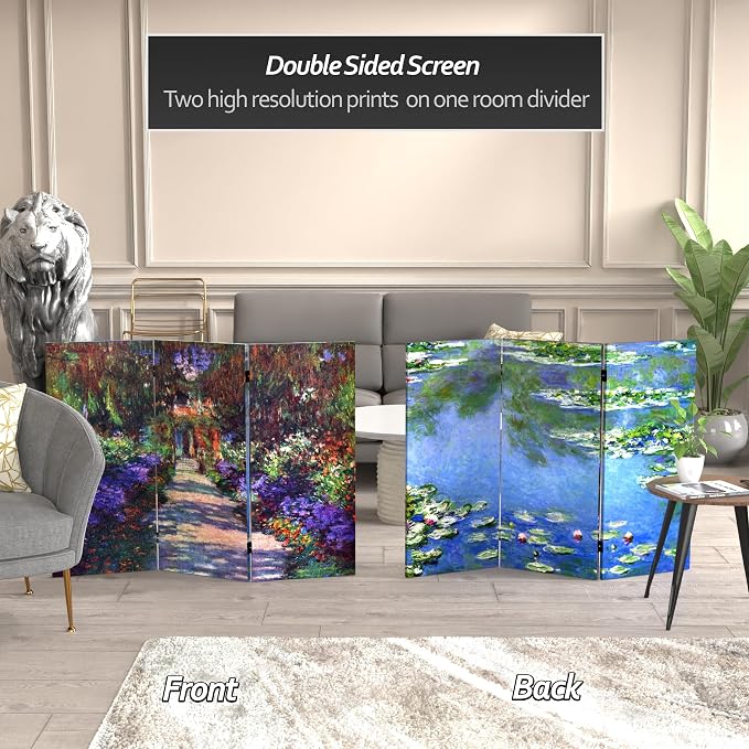 Red Lantern Double Sided Works of Monet Canvas Folding Screen - Image 2