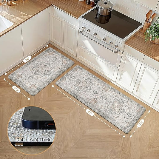 GENIMO Kitchen Mats for Floor 2PCs, Washable Anti Fatigue Mat for Cushioned, 17.3"x47"+17.3"x30", Waterproof Kitchen Rugs, Non Slip Comfort Standing Mat Rug for Home, Sink, Laundry, LightTaupeBrown