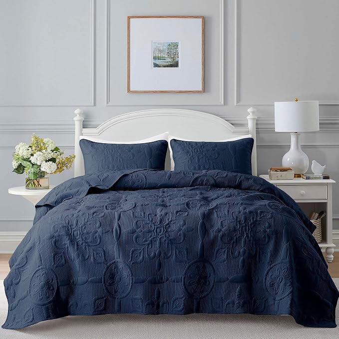 B2EVER Navy Blue Damask Quilt King Size Bedding Sets by B2EVER