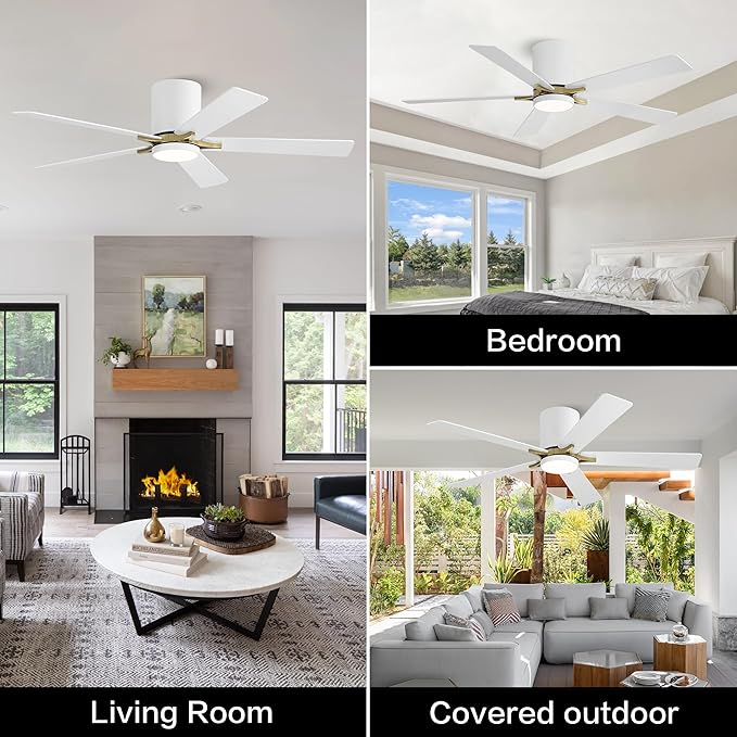 WINGBO 52" DC Flush Mount Ceiling Fan with Lights, 5 Plywood Blades, 6-Speed Reversible DC Motor, 3CCT, Low Profile Hugger Ceiling Fan for Living Room Bedroom Kitchen, White and Brass