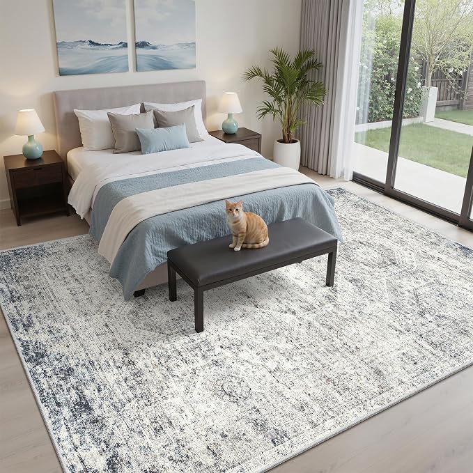 Soalmost 7x9 Area Rug for Living Room Washable Rugs Non-Slip Blue/Ivory | - Image 4