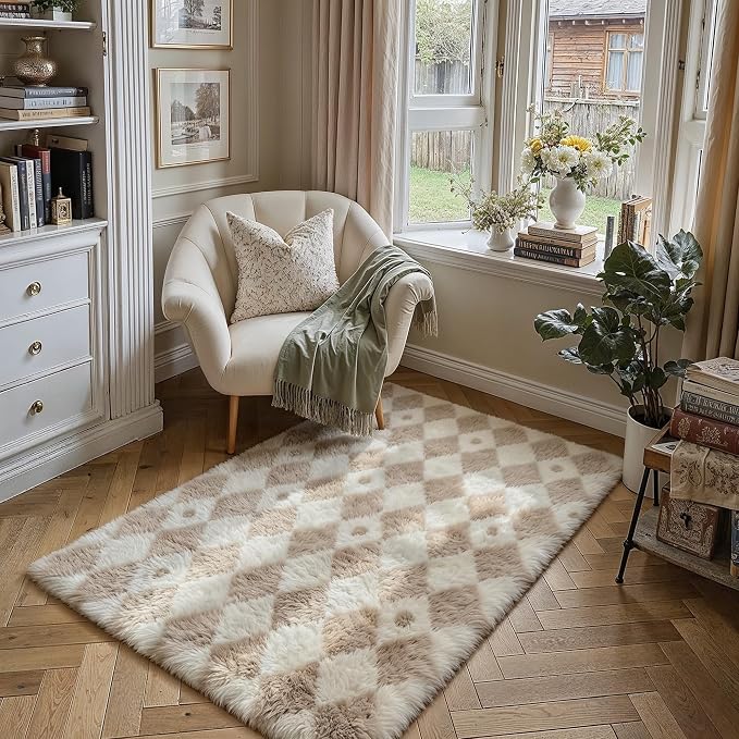 Beige 4x6 Area Rug for Kids Room Soft Fluffy Checkered Shag Carpet | Machine - Image 3