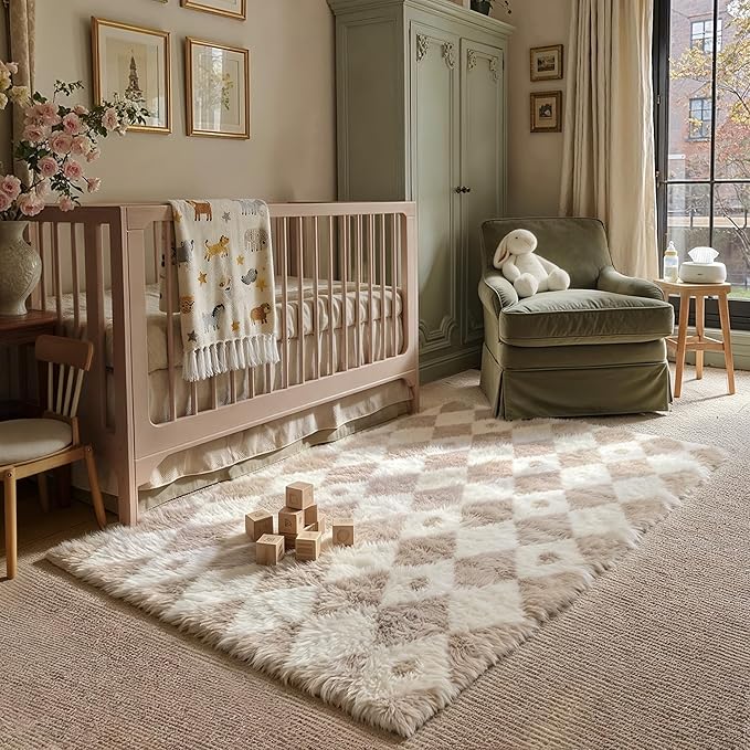 Beige 4x6 Area Rug for Kids Room Soft Fluffy Checkered Shag Carpet | Machine by PureCozy