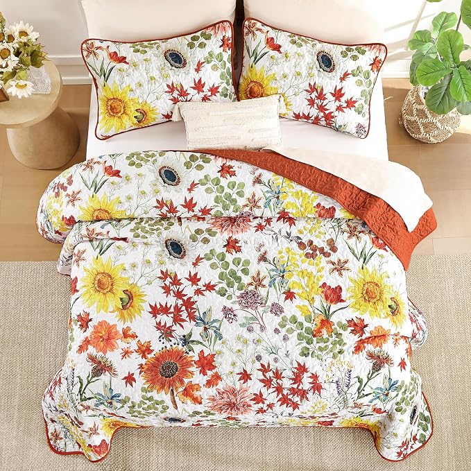 Yiran Fall Floral Quilt Set Queen Size, Microfiber Coverlet - Image 4