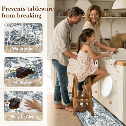 Boho Kitchen Mats for Floor 2 Piece Set Anti Fatigue Cushioned PVC Kitchen Rugs Non Slip Waterproof Farmhouse Mats 2/5 Inch Comfort Standing Mat for Sink, Laundry, 17.3"x47"+17.3"x28", Dark Blue