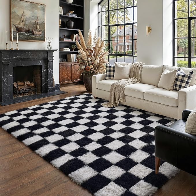 Checkered Rug 5x7 for Living Room Black and White Soft Shag Rugs | Machine by PureCozy
