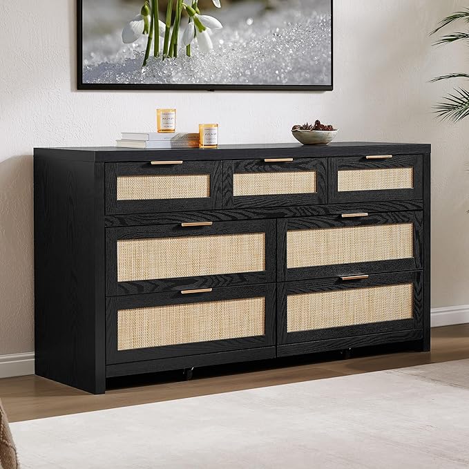 SICOTAS 7 Drawer Dressers for Bedroom Set 2, Long Rattan Dresser, Dresser TV Stand, Closet Organizer Chest of Drawers, Clothes Storage Dressers (Black Oak, 7 Drawers (2 pcs))