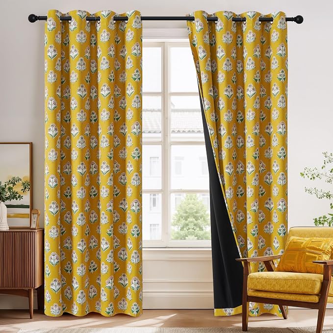 RYB HOME 100% Blackout Mustard Yellow Floral Curtains - Image 8
