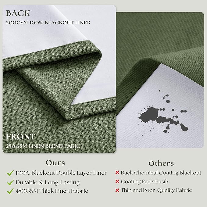 100 Inch Olive Green Linen Pinch Pleated Blackout Curtains - Image 6