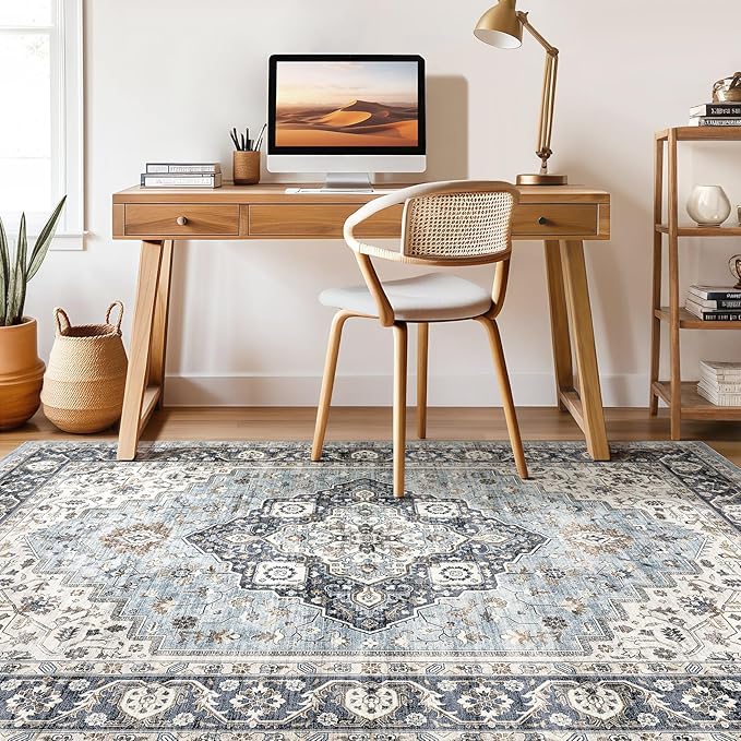 10x14 Area Rugs Living Room: Washable Boho Large Neutral Vintage Soft Rug Stain Resistant Farmhouse Non Slip Indoor Floor Carpet for Bedroom Nursery Kids Playroom Office Dining Room- Blue Tan