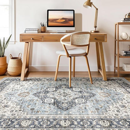 10x14 Area Rugs Living Room: Washable Boho Large Neutral Vintage Soft Rug Stain Resistant Farmhouse Non Slip Indoor Floor Carpet for Bedroom Nursery Kids Playroom Office Dining Room- Blue Tan