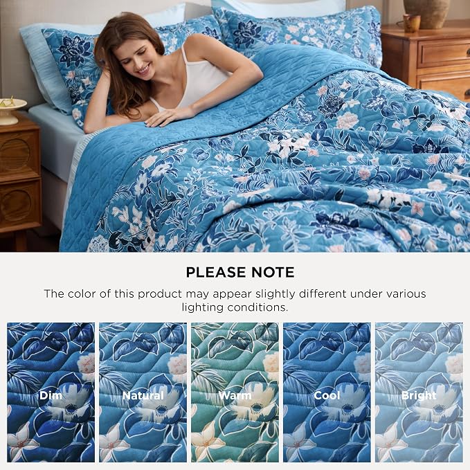Bedsure Floral Quilts Queen Size, Reversible Blue Floral Comforter Bedding | - Image 5