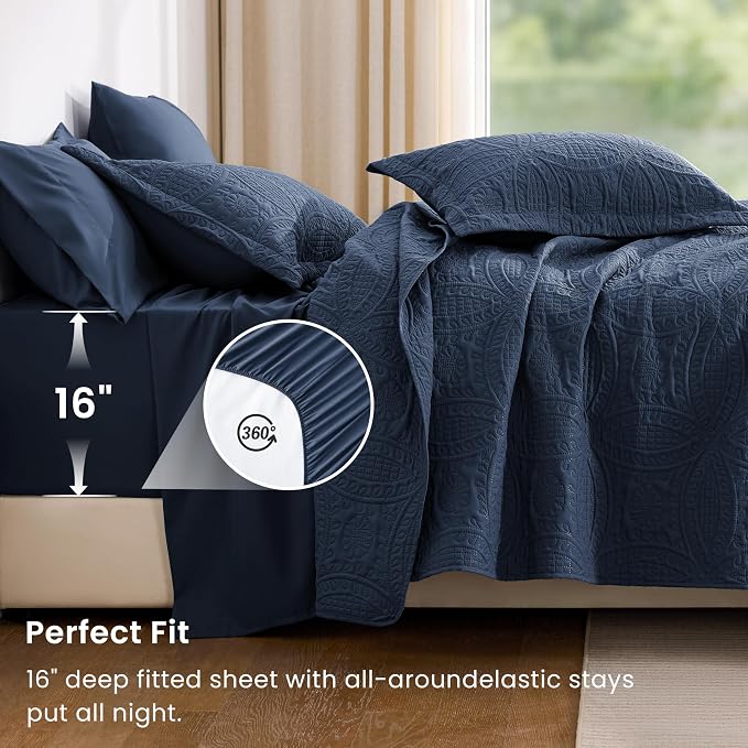 Love's cabin King Quilt Set Navy, Bed in a Bag King Size Bedding 7 Pieces - Image 3