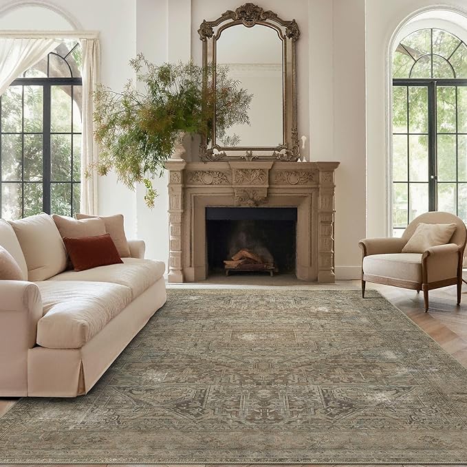 vivorug 5x7 Area Rugs - Ultra-Thin Washable Rug with Non-Slip Backing, Ideal for Living Room, Bedroom, Kitchen Floor Carpet - Vintage, Easy Clean, Durable, Olive