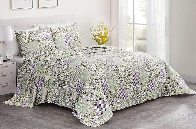 Chezmoi Collection Daisy 3-Piece Printed Patchwork Quilt Set - Image 2