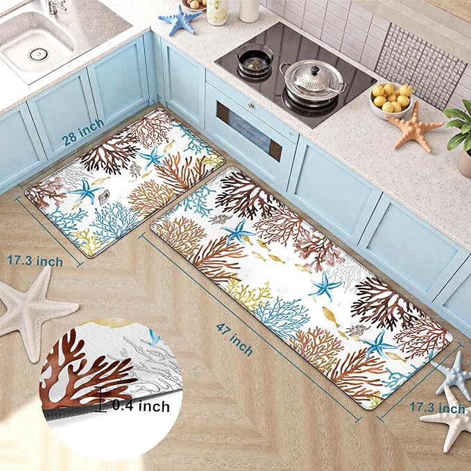 Kitchen Mats for Floor Cushioned Anti Fatigue Sets of 2 Coastal Kitchen Rugs Non Slip Waterproof Nautical Foam Kitchen Floor Rug Beach Theme Coral Fish Comfort Standing Mat for Sink Laundry, Red