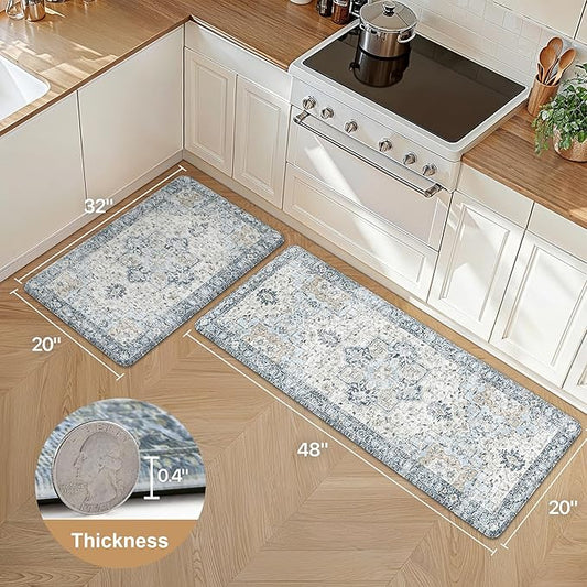 GENIMO Kitchen Mats for Floor 2PCs, Washable Anti Fatigue Mat for Cushioned, 20"x48"+20"x32", Waterproof Kitchen Rugs, Non Slip Comfort Standing Mat Rug for Home, Sink, Laundry, Light Blue
