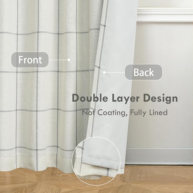DriftAway 100% Blackout Plaid Linen Curtains 63 Inches Long 2 Panels Gray | - Image 3