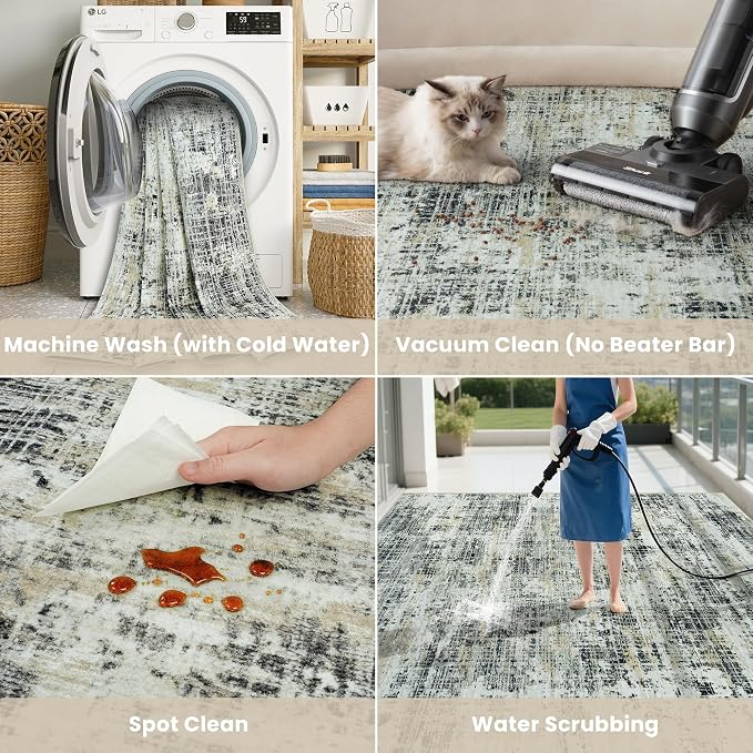 10x14 Washable Area Rug for Living Room Bedroom: Non-Slip Modern Black Gray | - Image 5
