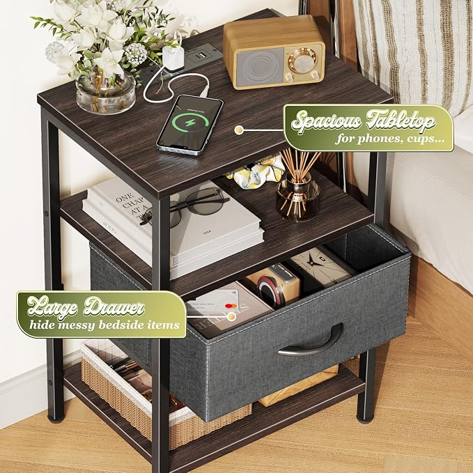 SUPERJARE Nightstand with Charging Station, USB-C Port, Bedside Table | Night - Image 5