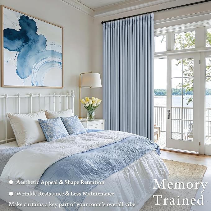 Blue 96 Inch Blackout Pinch Pleated Thick Linen Curtains - Image 6
