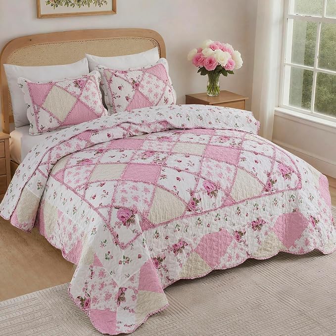 Oversized King Quilt Set Pink Floral Patchwork Alaska King Bedspreads Set | - Image 9