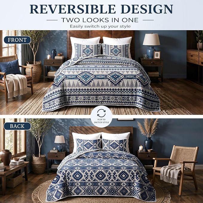 akkialla Reversible Blue Boho King/Cal King Quilt Set, 2-Piece Bohemian Aztec - Image 3
