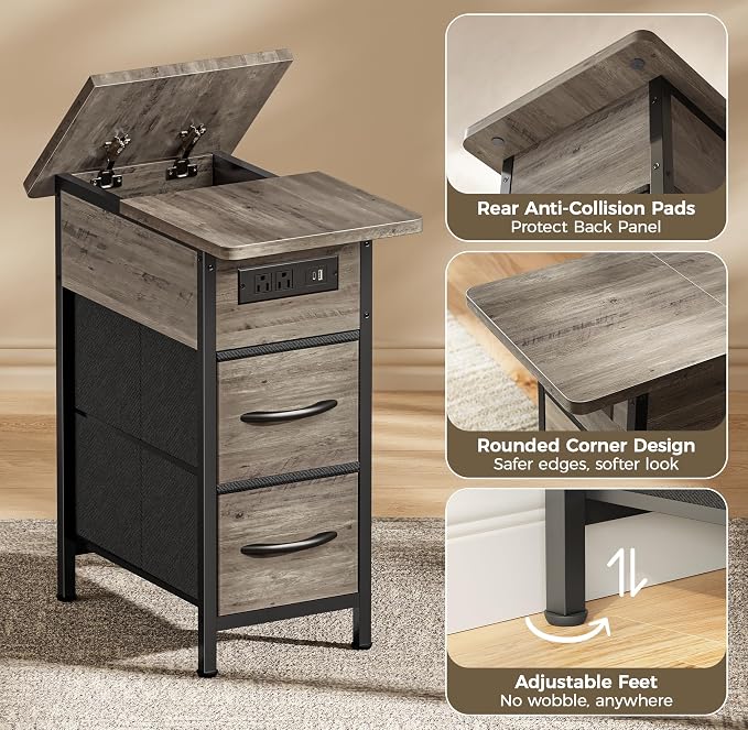 Huuger Narrow End Table with Charging Station, Side Table with 2 Drawers | Slim - Image 9